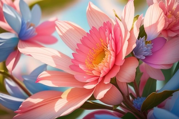 a colorful flower with a blue and pink flower on it