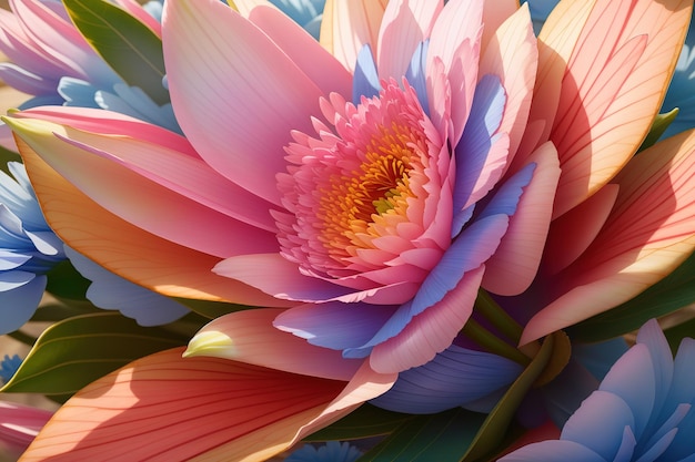 a colorful flower with a blue and pink flower on it