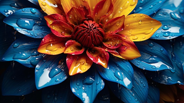 A colorful flower with drops of paint on its petals