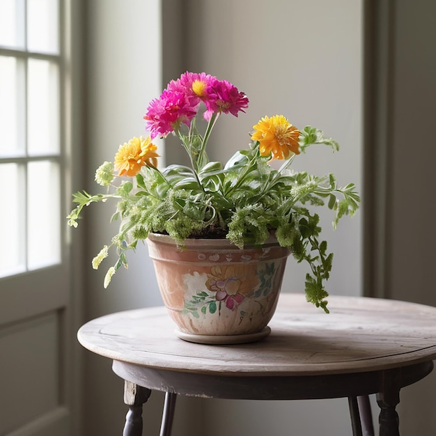 Photo colorful flower with pot on table