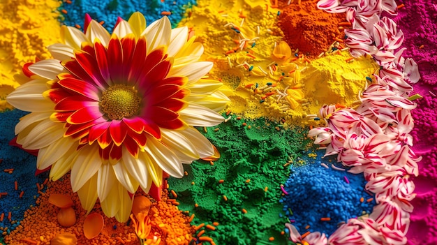 Photo a colorful flower with red and yellow petals sits on top of colorful powders and petals