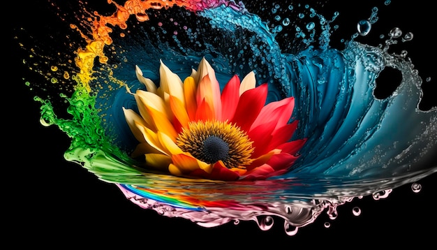 A colorful flower with water drops on it