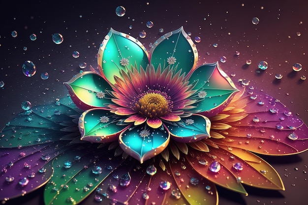 A colorful flower with water drops on it