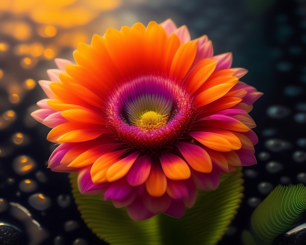 A colorful flower with a yellow center and a pink center