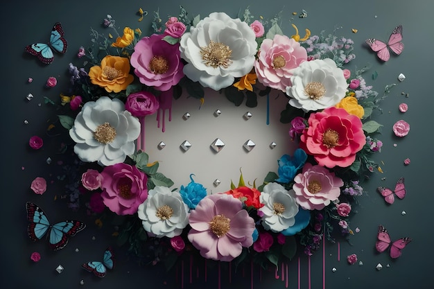 a colorful flower wreath is surrounded by flowers and a clock