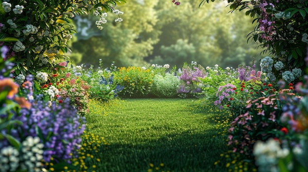 Colorful Flowering Garden Landscape Lush Green Field with Vibrant Borders