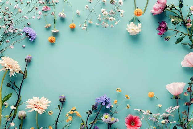 Photo colorful flowers arranged in a frame around a teal background generative ai