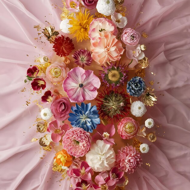 Colorful flowers arranged on a pink background