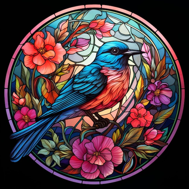 Colorful Flowers and Bird on Stained Glass