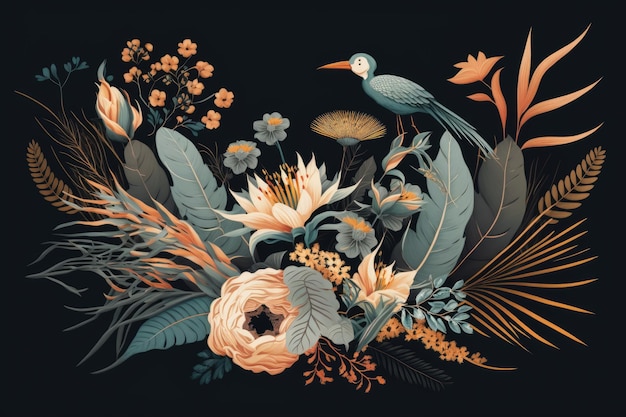 Photo colorful flowers and birds against a dark background generative ai