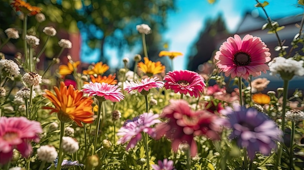 Colorful Flowers Blooming in the Sunny Garden Generative AI