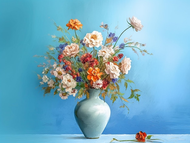 Colorful flowers bouquet in a classic vase on a blue background AI Generated