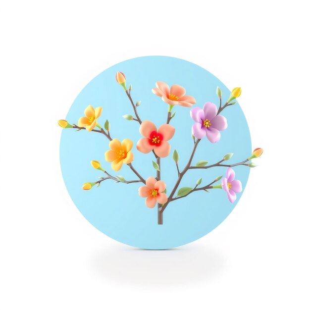 Colorful flowers on a branch on a blue circle