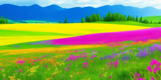 Colorful flowers in a field with mountains in the background