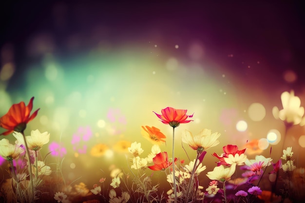 Colorful flowers in a field with a rainbow background