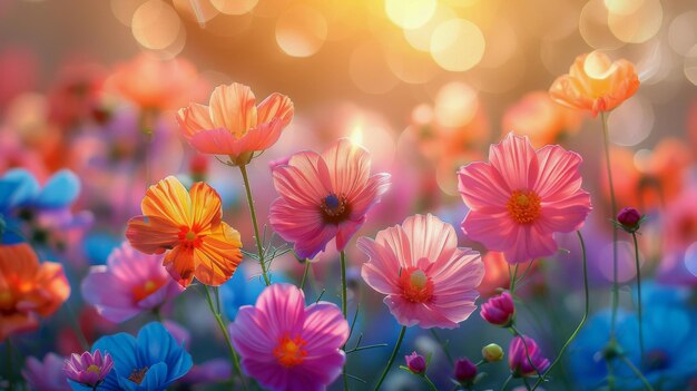 Colorful Flowers Field With Sun