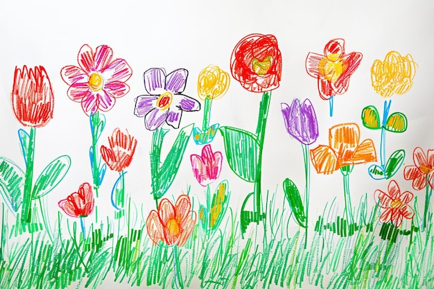 Photo colorful flowers in a garden drawn by a child with crayons