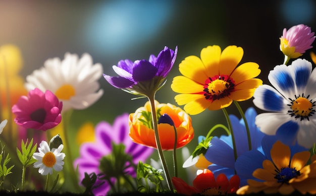 Colorful flowers in a garden with a sun shining on the right side