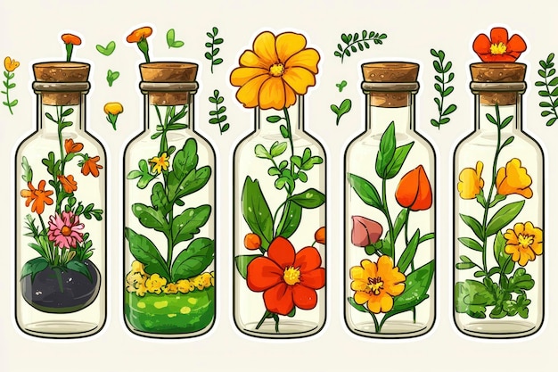 Colorful Flowers in Glass Bottles