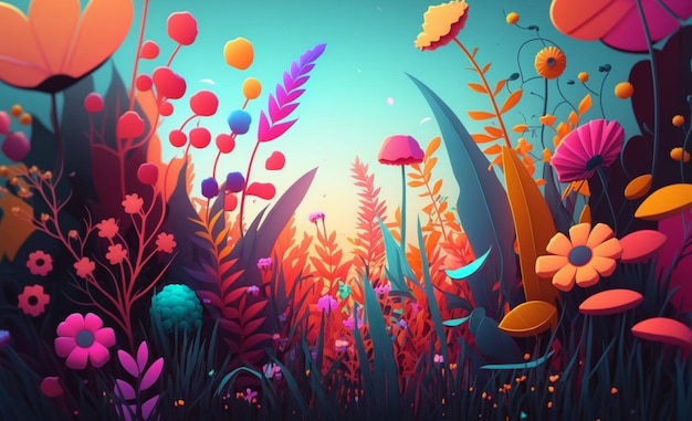 Colorful flowers and grass painted background generative ai