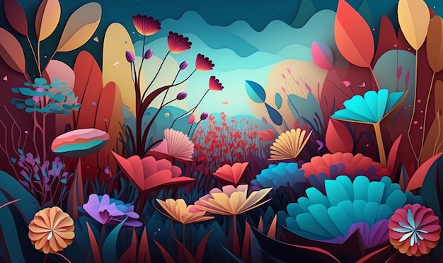 Colorful flowers and grass painted background generative ai