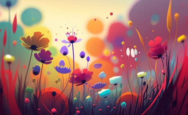 Colorful flowers and grass painted background generative ai