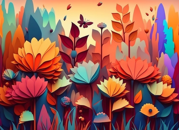 Colorful flowers and grass painted background generative ai