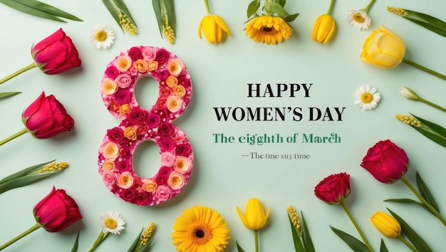 Photo colorful flowers and a greeting for international women39s day