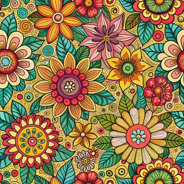 colorful flowers and leaves on a yellow background