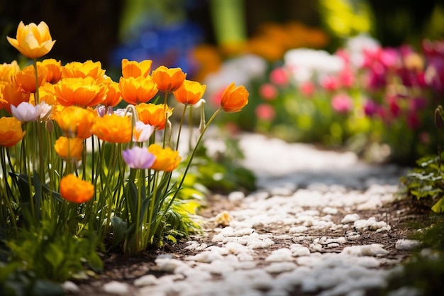 Photo colorful flowers lining a tranquil garden path