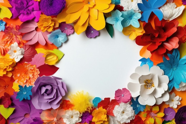 Colorful flowers made of paper with white sheet of paper Frame in flowers Mockup Generative AI illustration