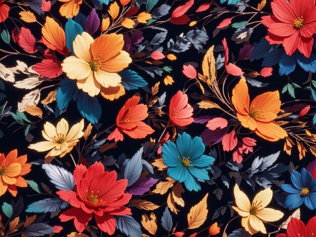 colorful flowers pattern seamless ai generated with black background