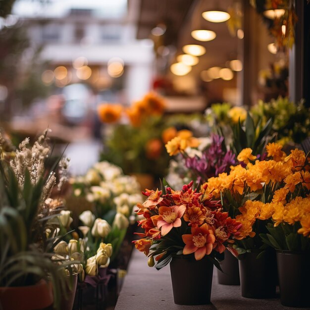 Colorful flowers in the store on the street