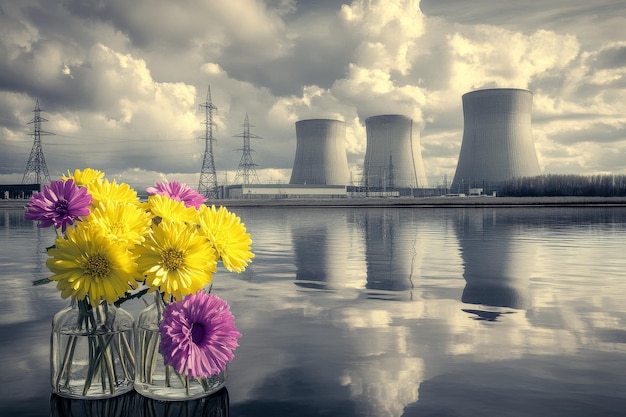 Photo colorful flowers in vase with industrial background and cooling towers