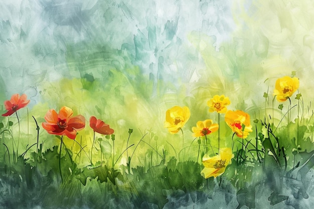 Colorful flowers in watercolor on grassy field as abstract background