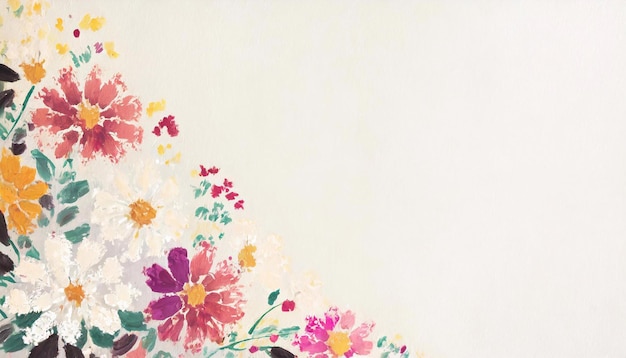 Colorful flowers on white paper background with copy space for text