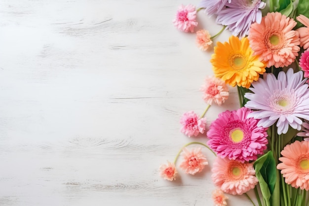 colorful flowers on a white wooden background