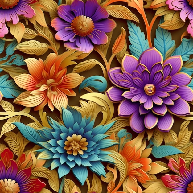 Colorful flowers with leaves and stems on a brown background generative ai