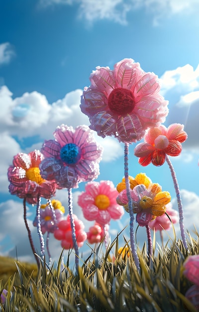 colorful fluffy plush flowers made from inflatable balloons on top green grass in the style of cute cartoonish designs