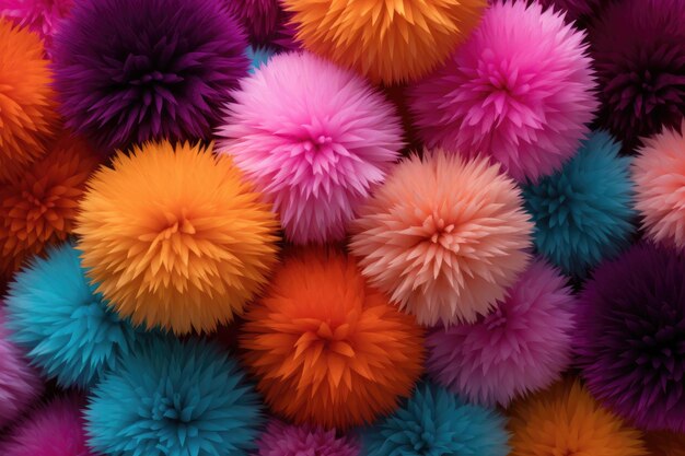 Photo colorful fluffy pompoms background top view flat lay abstract background with colorful pompoms ai generated