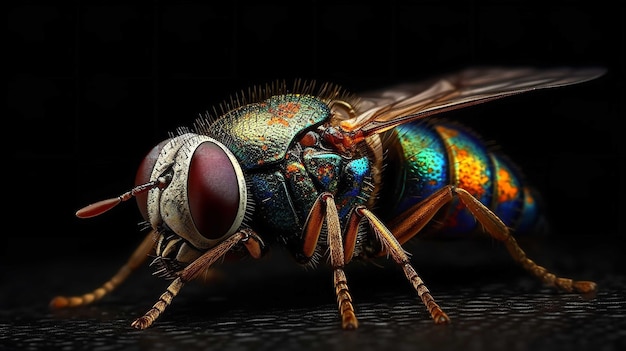 A colorful fly with a black background