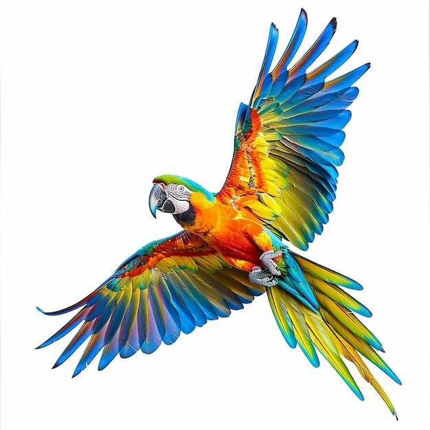 Colorful flying Catalina Macaw parrot isolated on white background with clipping path