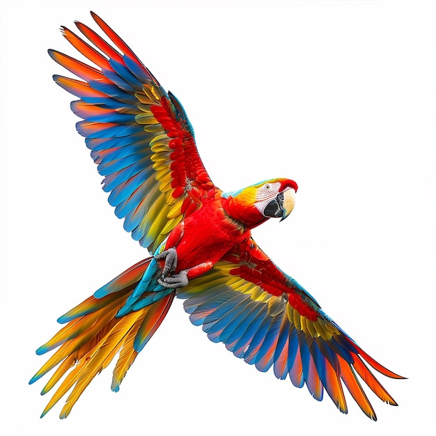 Colorful flying Catalina Macaw parrot isolated on white background with clipping path