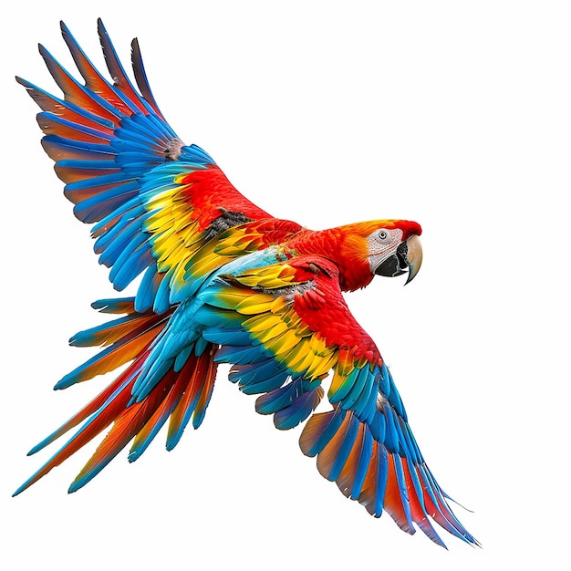 Colorful flying Catalina Macaw parrot isolated on white background with clipping path