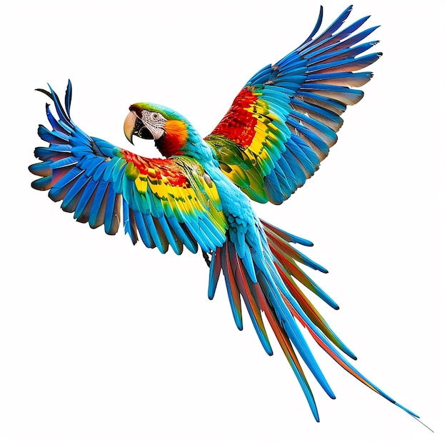 Colorful flying Catalina Macaw parrot isolated on white background with clipping path