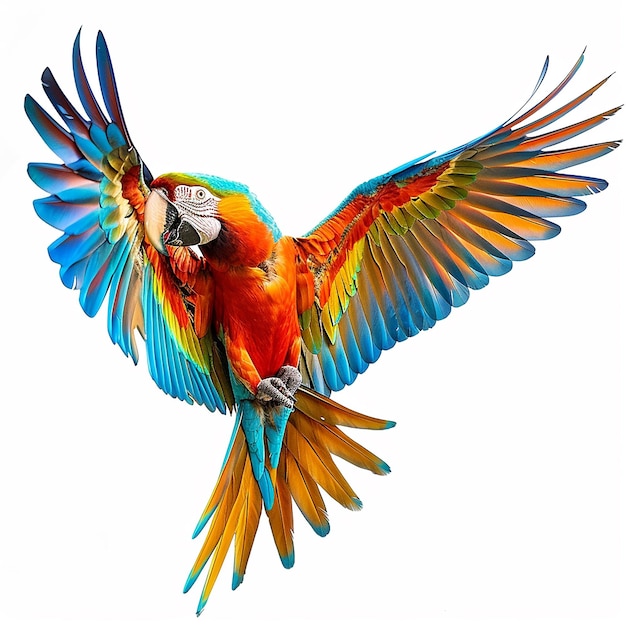 Colorful flying Catalina Macaw parrot isolated on white background with clipping path