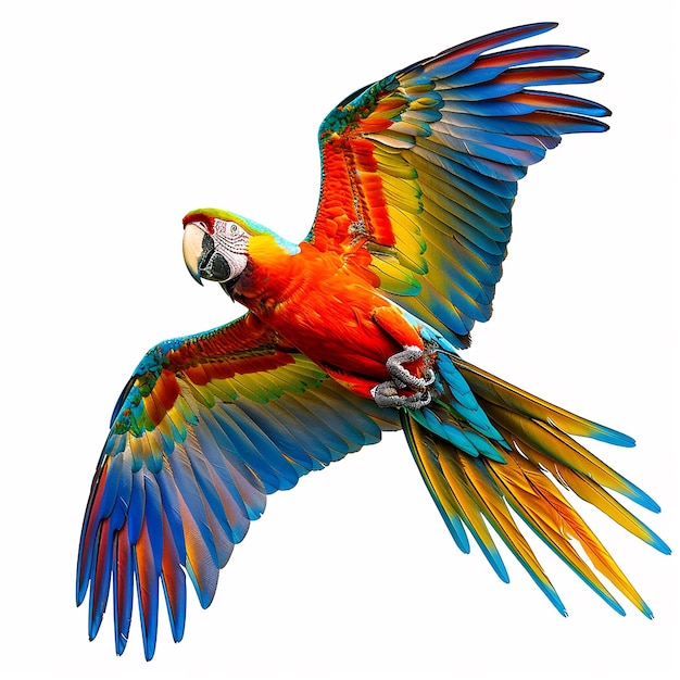 Colorful flying Catalina Macaw parrot isolated on white background with clipping path