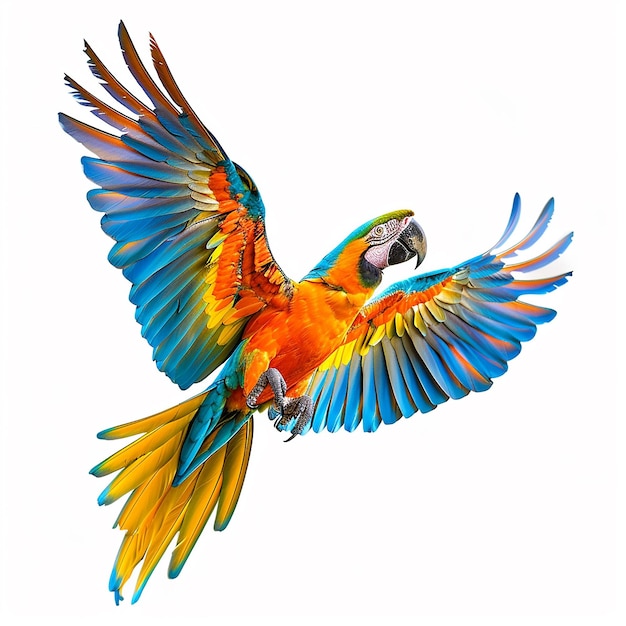 Colorful flying Catalina Macaw parrot isolated on white background with clipping path