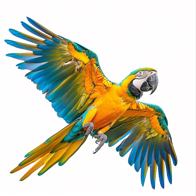 Colorful flying Catalina Macaw parrot isolated on white background with clipping path