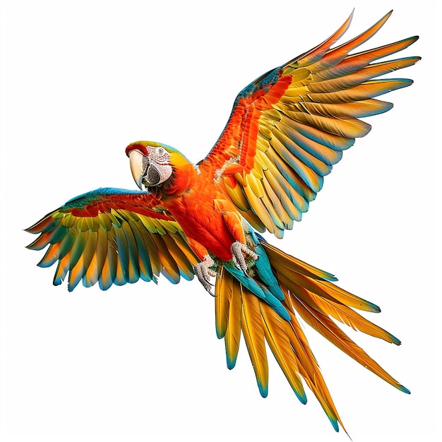 Colorful flying Catalina Macaw parrot isolated on white background with clipping path